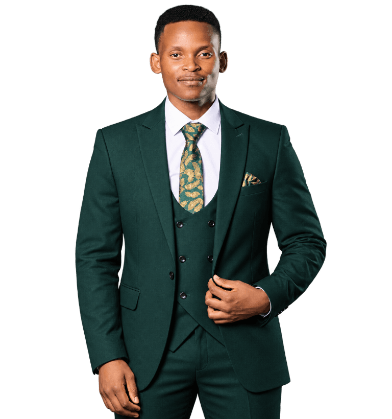 Bandile Malaza wearing a dark green suit